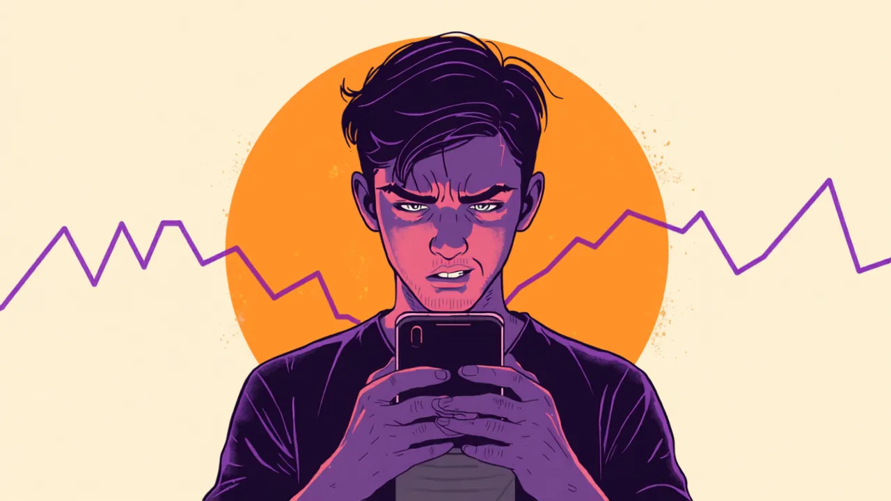 Illustration of an annoyed Gen Z person still glued to their phone screen, with a jagged rising-and-falling line chart behind them — depicting Gen Z souring on AI yet still using it; Respawn Society 2026 cover.